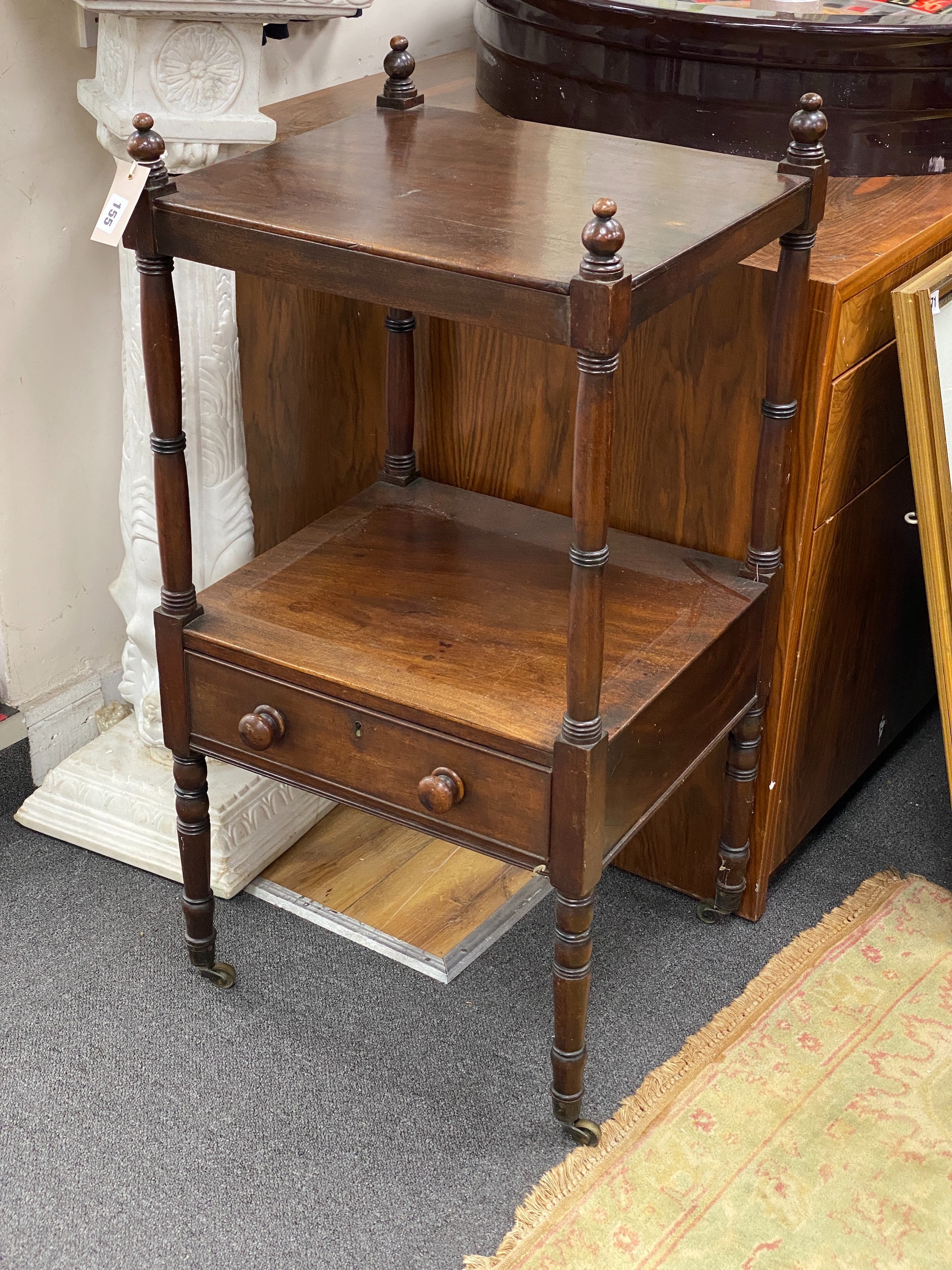 A Regency mahogany two tier table converted from a whatnot, width 46cm, depth 41cm, height 90cm